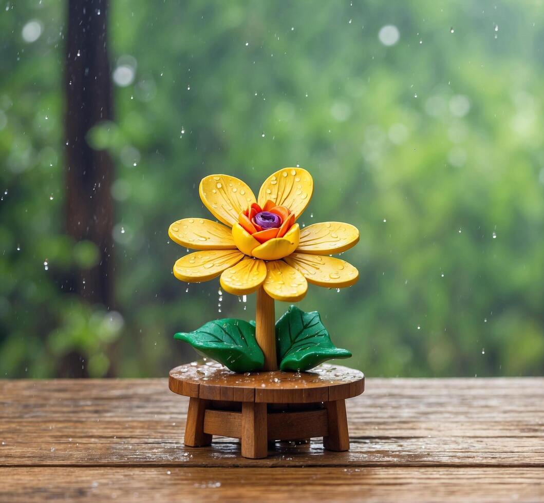ai generado linda flor hecho de madera en de madera mesa con lluvia antecedentes. foto