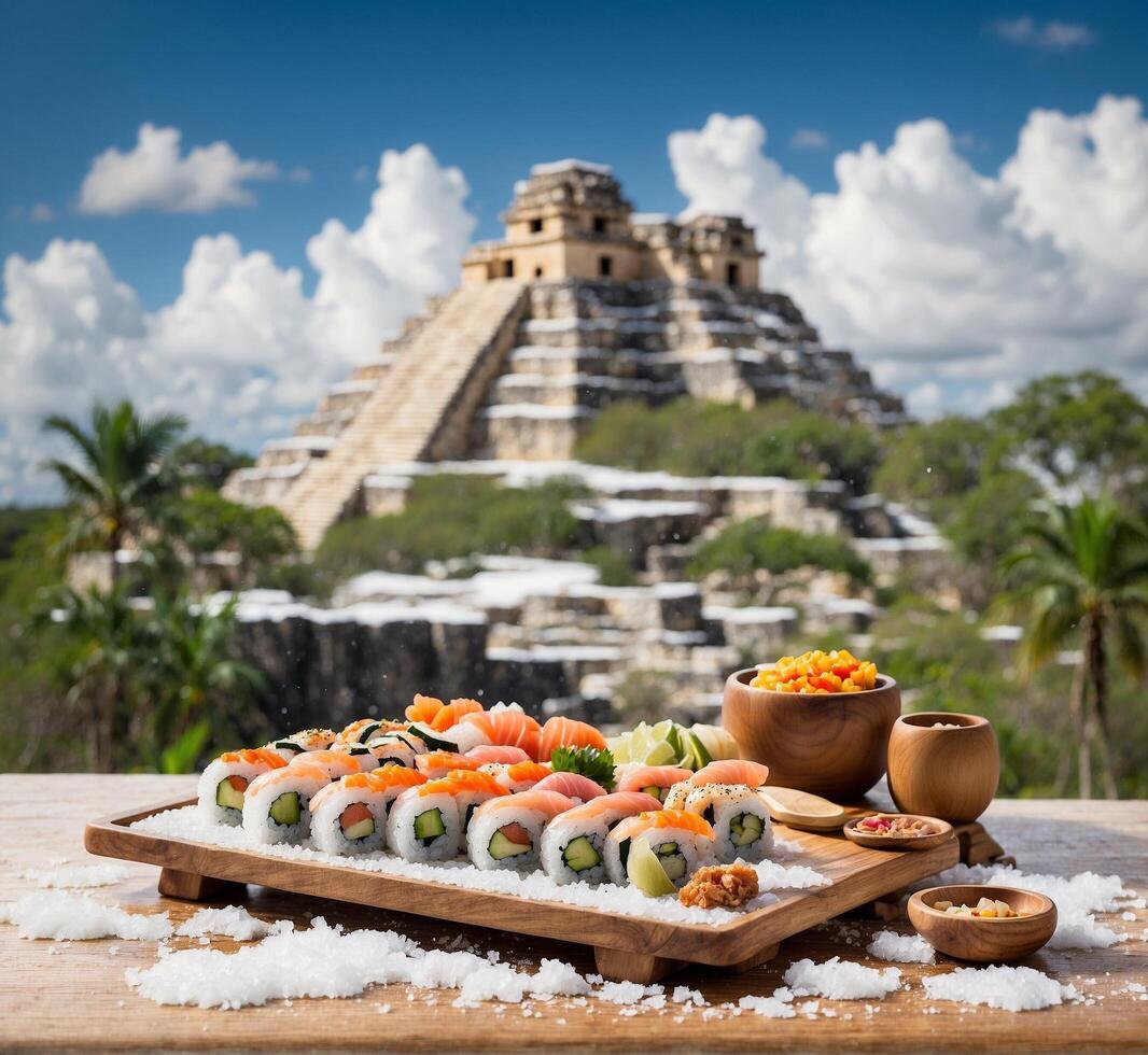AI generated Sushi set on a wooden plate with mayan pyramid in background. photo