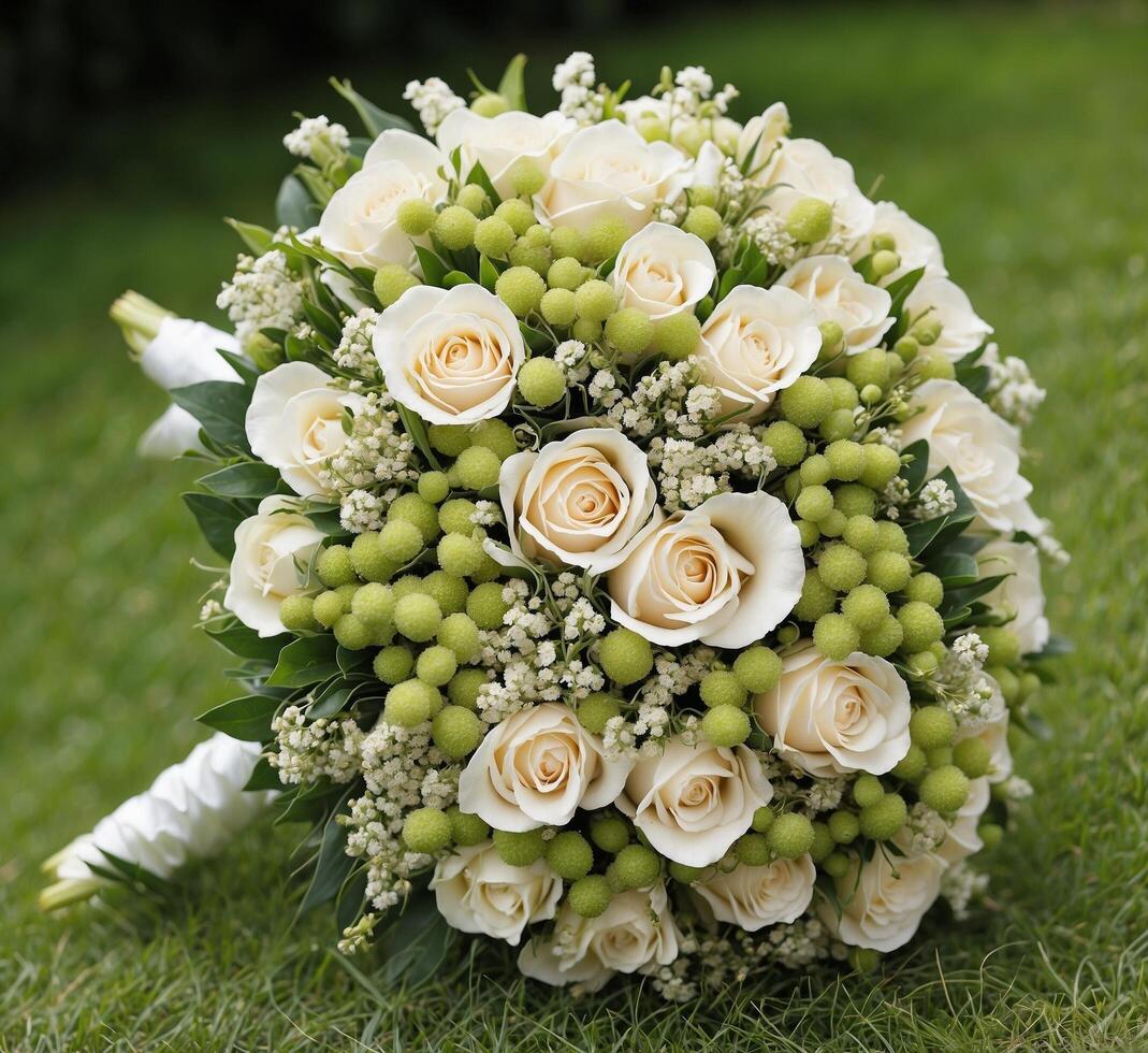 AI generated Wedding bouquet of white roses and green leaves on grass photo