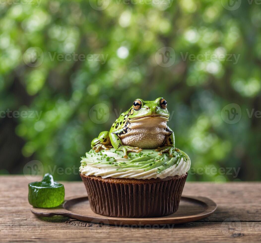 AI generated Cupcake with green frog on wooden table, green background. photo