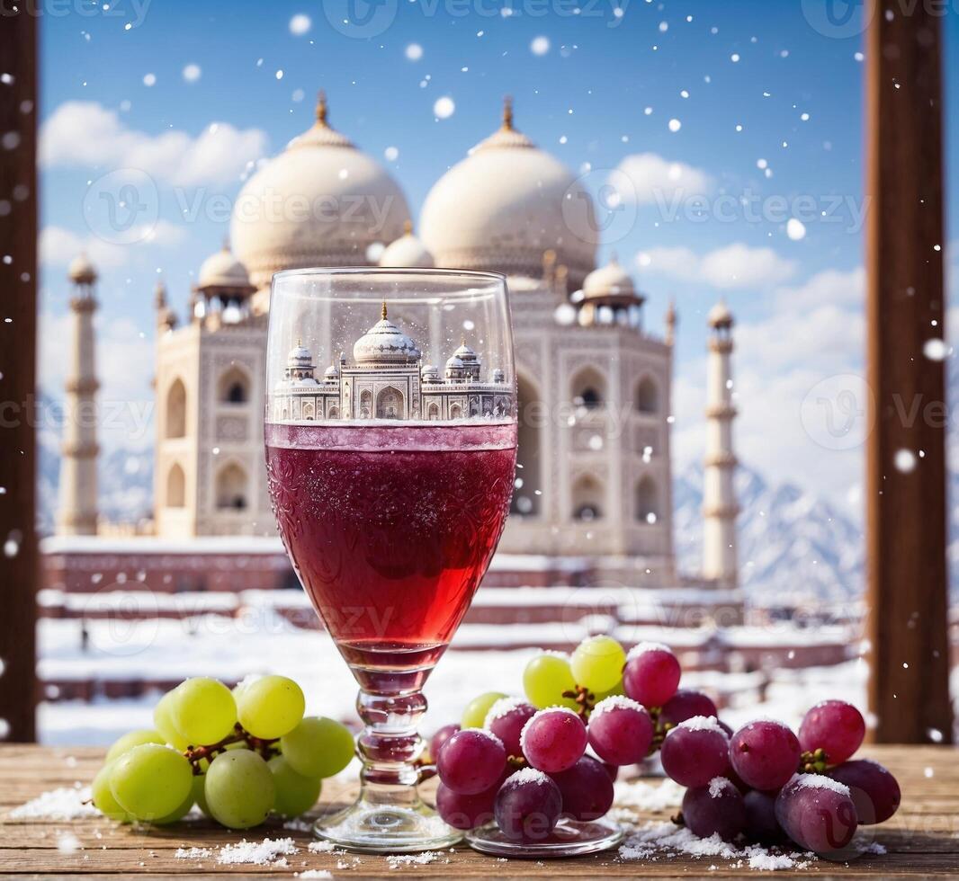 ai generado vaso de rojo vino con uvas y taj mahal en fondo, agra, uttar pradesh, India foto