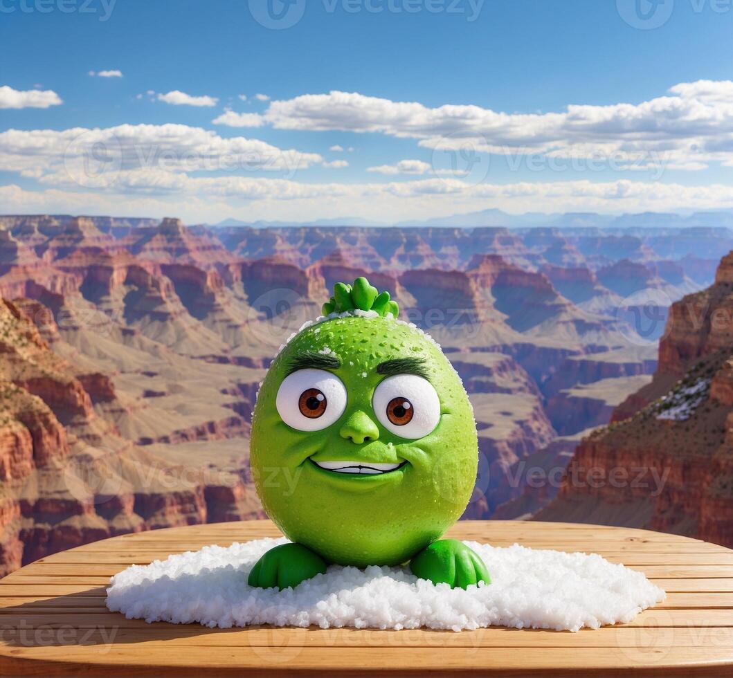 ai generado gracioso verde monstruo en el borde de un de madera mesa en contra el fondo de el grandioso cañón foto