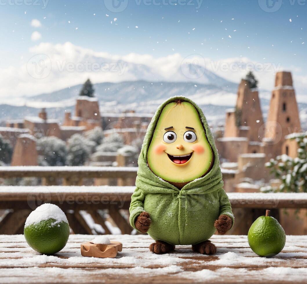 AI generated Funny avocado character with snow and mountains in the background. Christmas concept. photo
