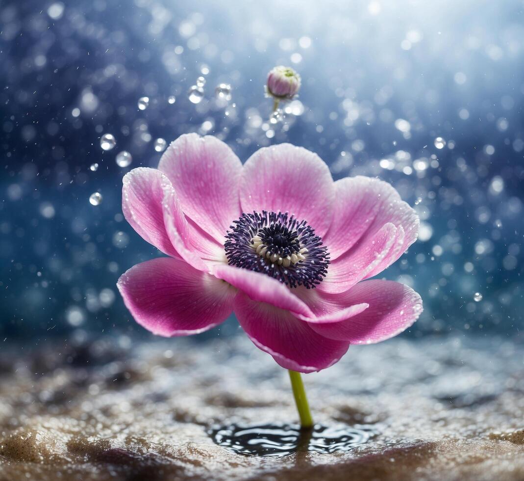 AI generated Beautiful pink anemone flower in water with drops of water photo