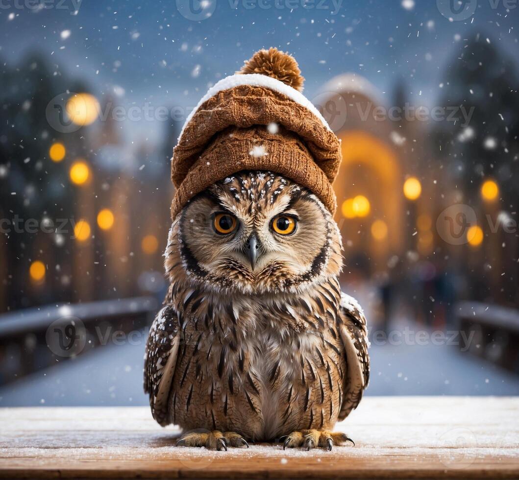 AI generated Owl in a hat on the background of the Christmas city. photo