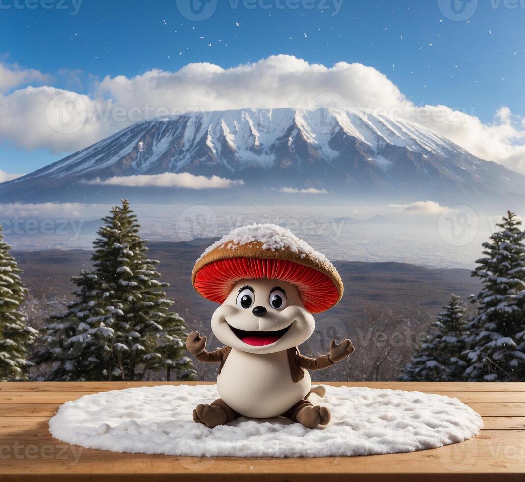 ai generado gracioso seta mascota sentado en nieve con monte. fuji en el antecedentes foto