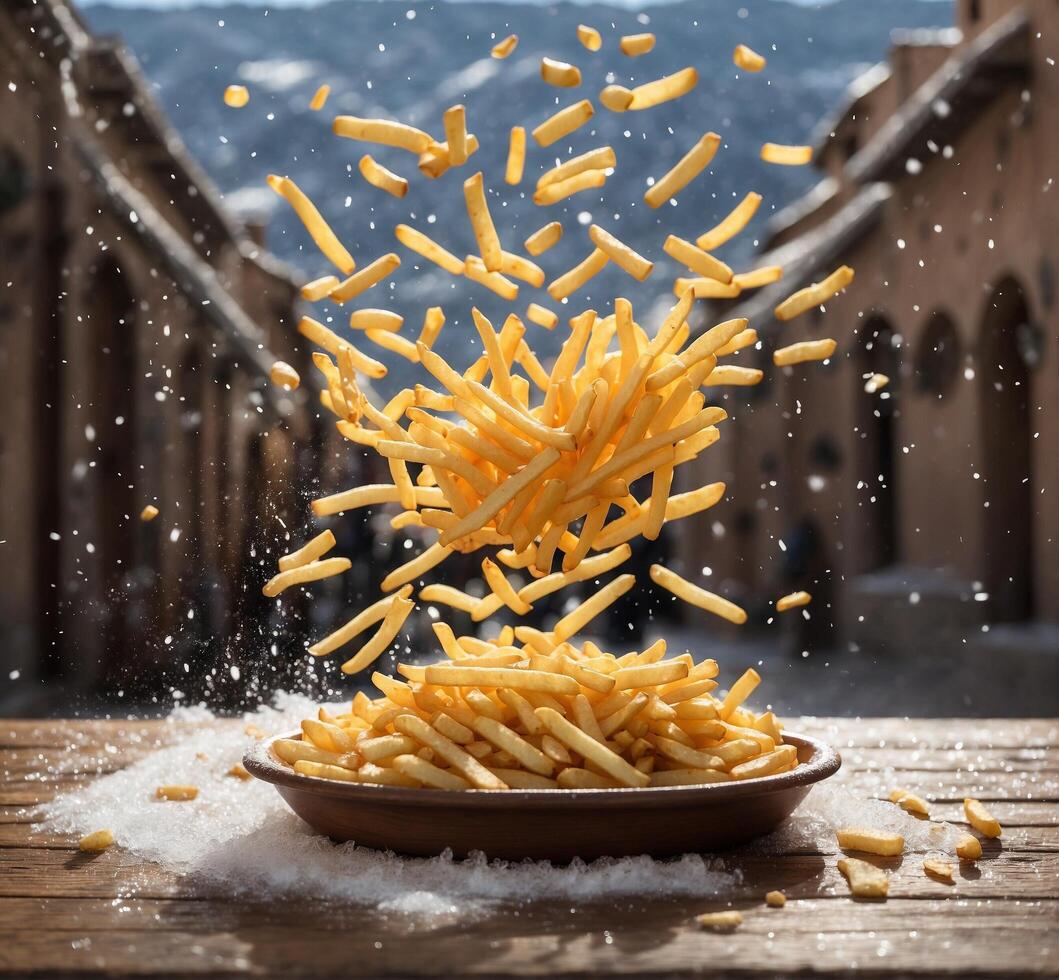 AI generated Falling golden French fries in a bowl with snow on wooden background photo