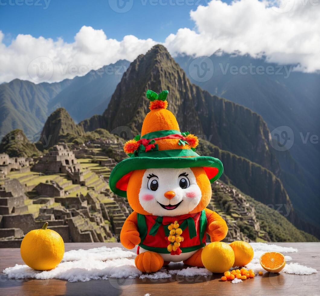 ai generado naranja mascota con limones y naranjas en el antecedentes de el antiguo inca ciudad de machu picchu foto