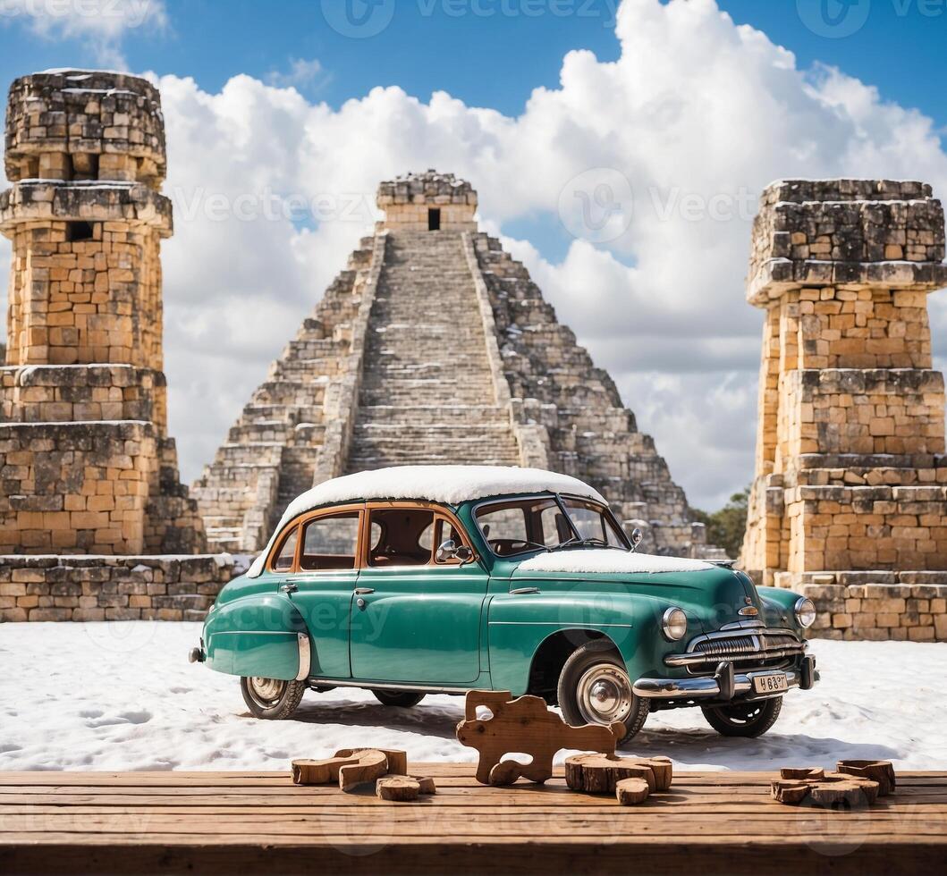 AI generated Vintage car in front of Ancient Maya city of Chichen Itza, Yucatan, Mexico photo