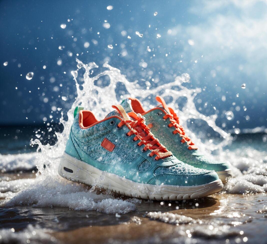 AI generated Pair of blue sneakers on the beach with splashes of water photo