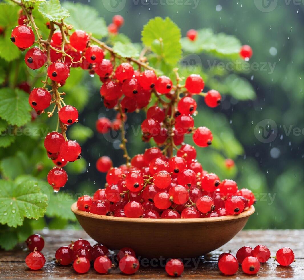 AI generated Red currant in a bowl on a wooden table in the rain photo