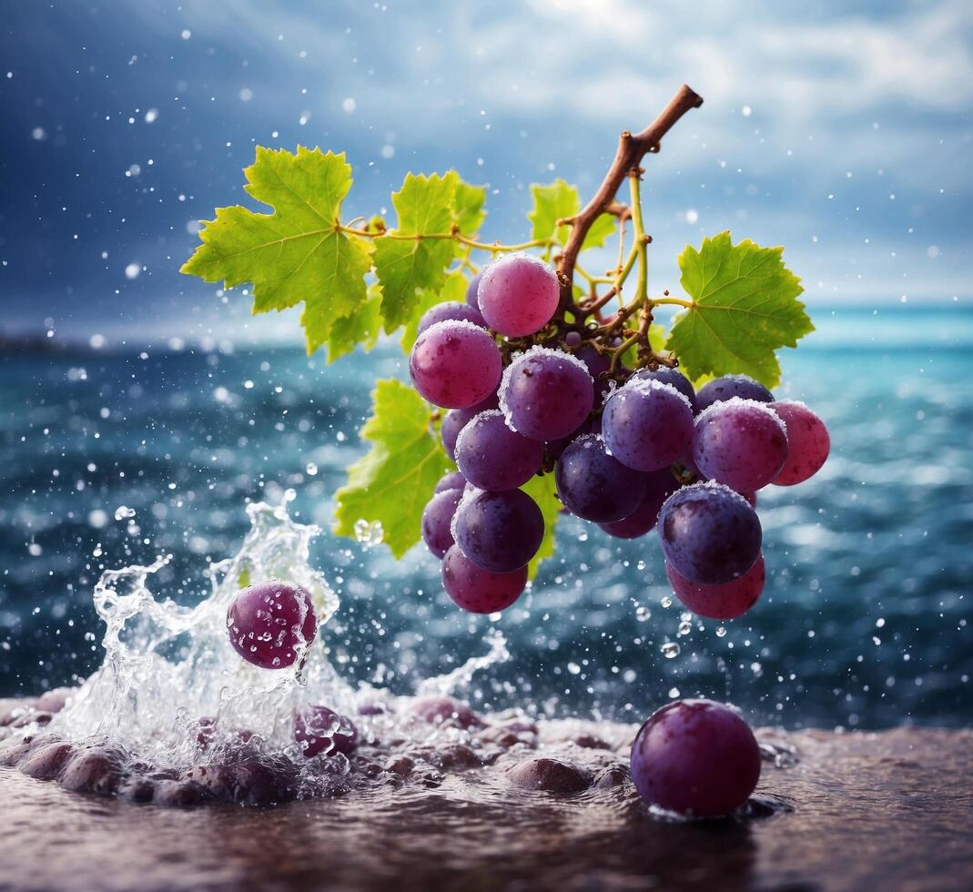 AI generated Grapes with water splash on a stone in front of the sea photo