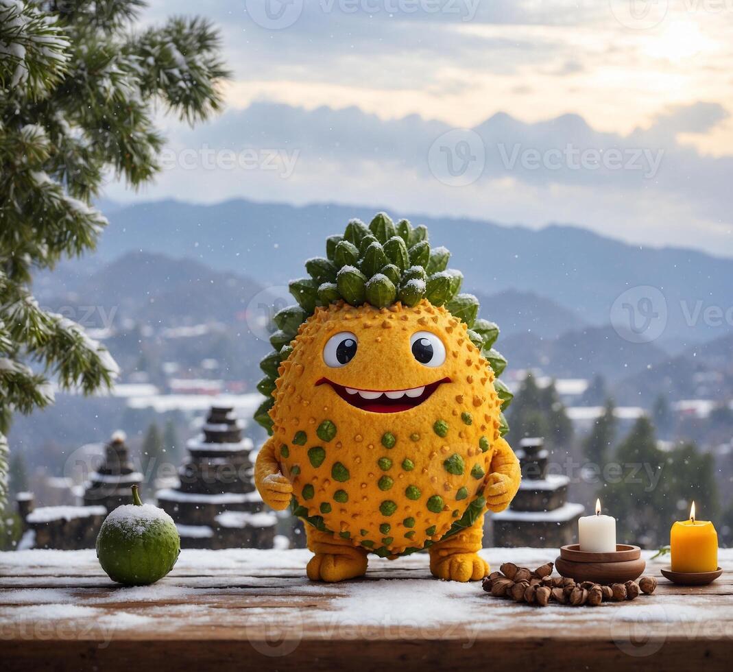 ai generado gracioso kiwano mascota y vela en un de madera mesa con un nevada antecedentes. foto