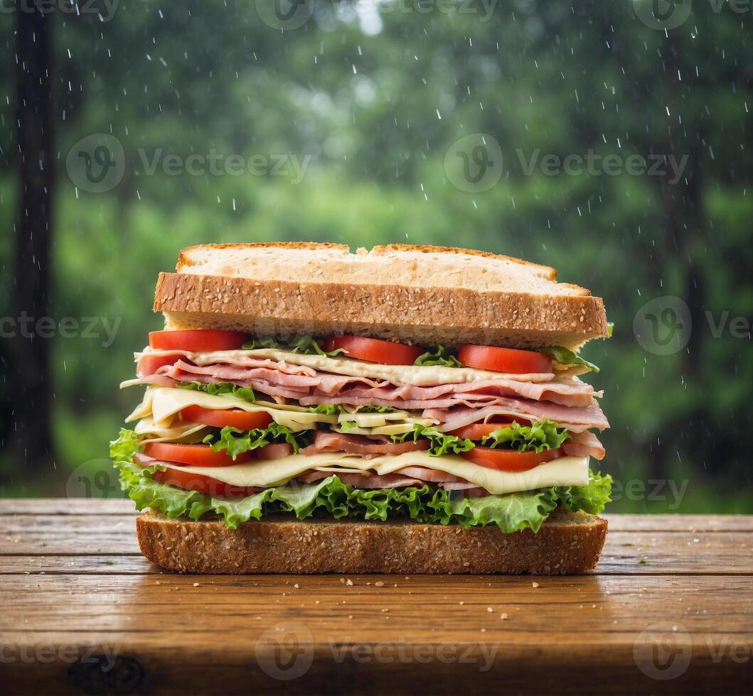 ai generado emparedado con jamón, queso y vegetales en de madera mesa en lluvia foto