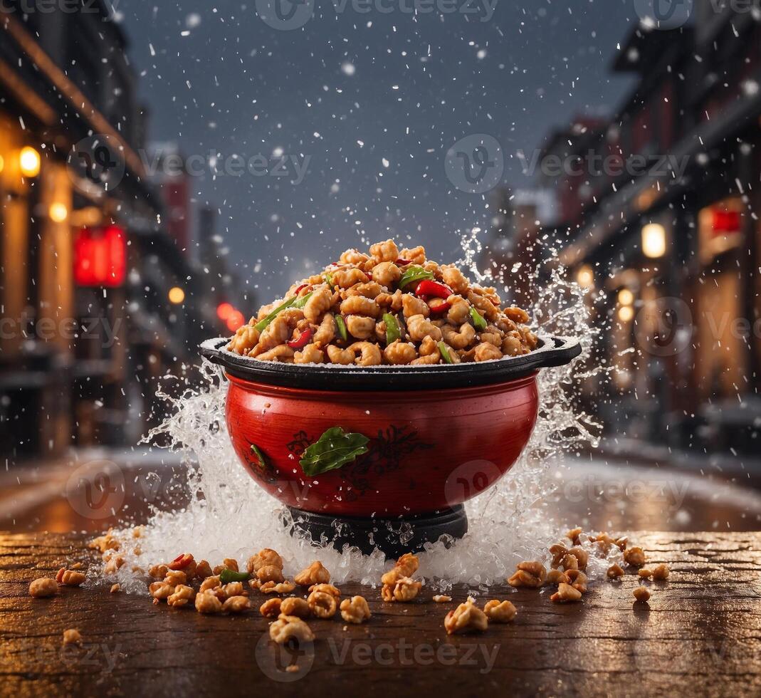 AI generated Kung pao chicken in a clay pot on a wooden table in the city. photo