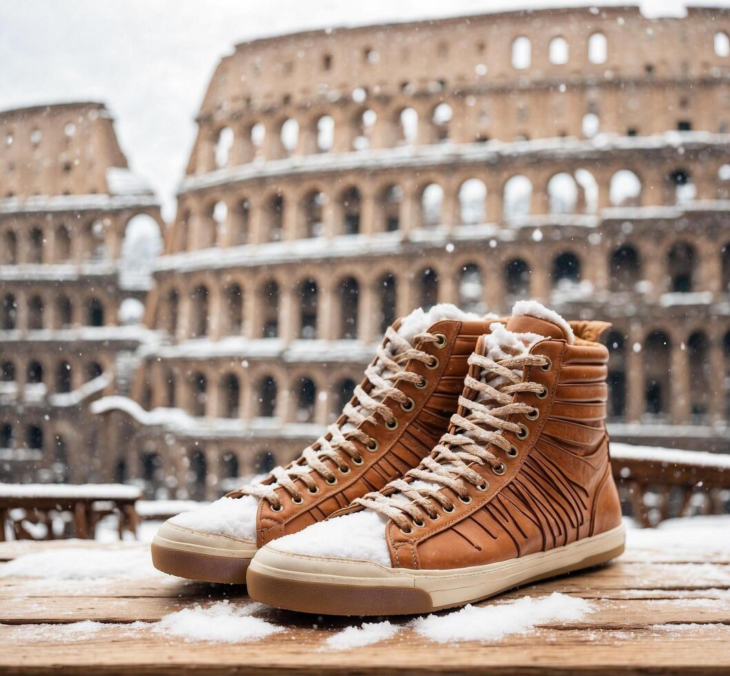 ai generado invierno vacaciones en Italia. zapatillas y coliseo en el nieve. foto