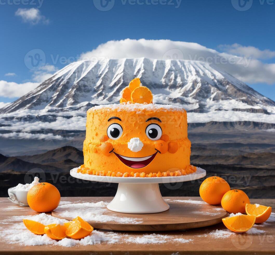 AI generated Funny orange cake with smiley face on top of volcano background photo