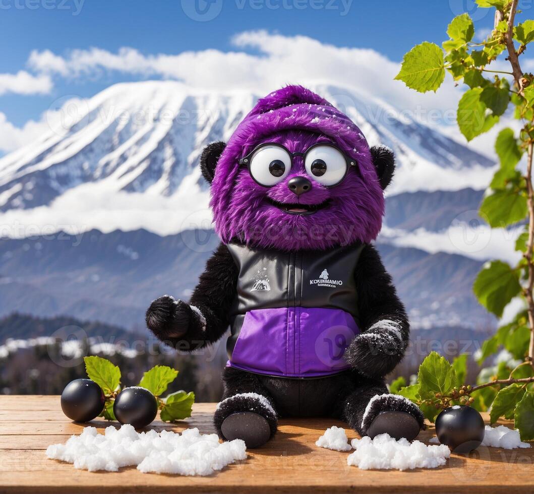 AI generated Cute panda bear with black currant and Mt. Fuji in the background photo