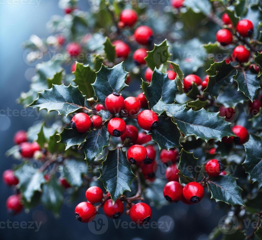 AI generated Holly berries on a branch with green leaves on a dark background photo
