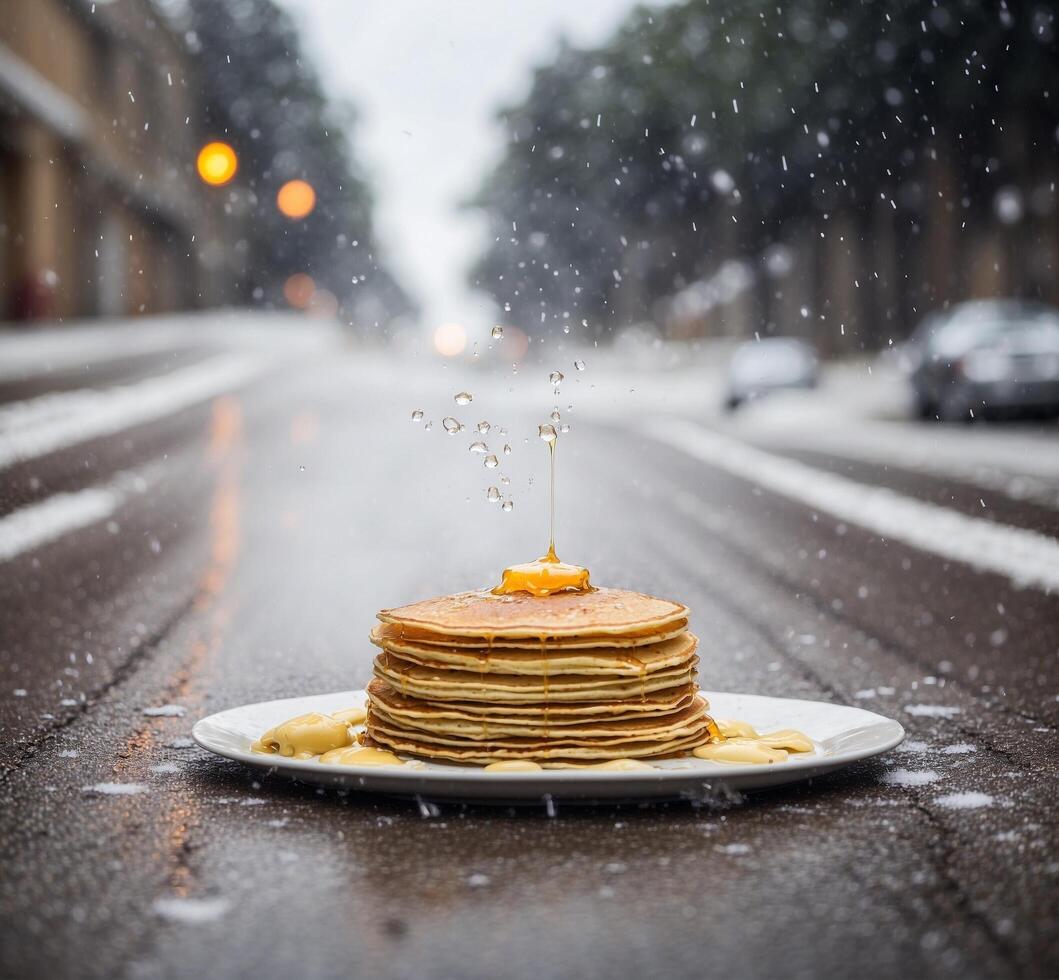 AI generated Pancakes with maple syrup on the street in the rain. photo