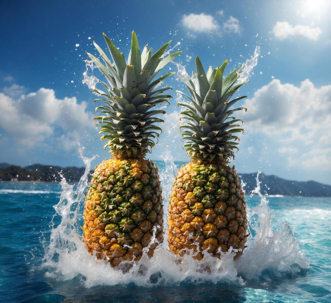 AI generated Pineapples in the water with splashes of water. photo
