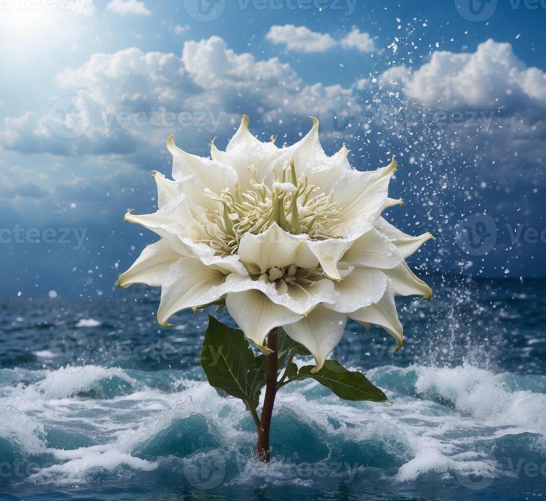 AI generated White datura flower on the water and blue sky background photo