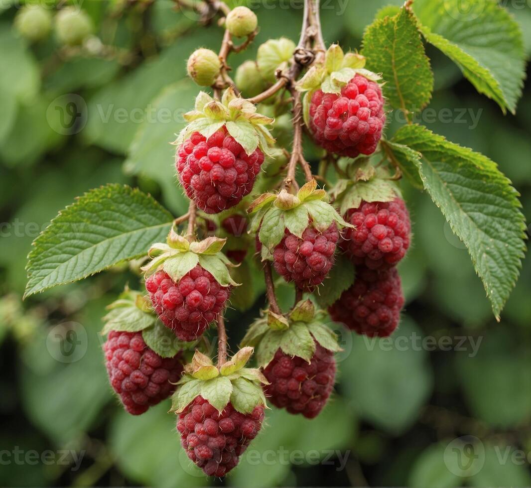 AI generated Raspberry bush with ripe berries and green leaves in the garden. photo
