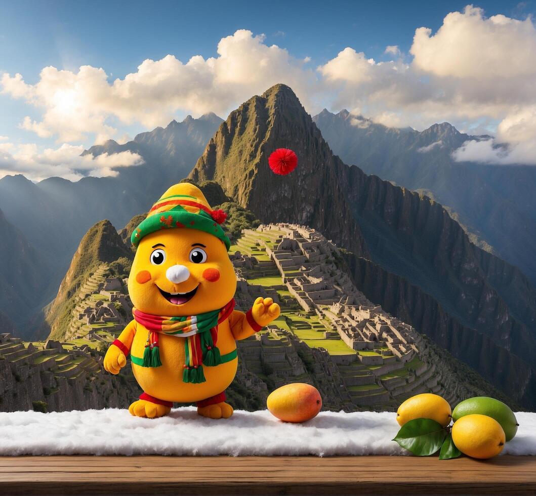 ai generado mango mascota personaje en frente de machu picchu, Perú, sur America. foto