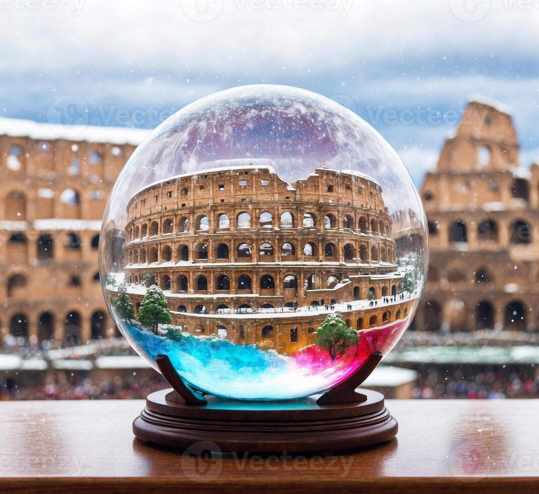 AI generated Snow globe with view of Colosseum in Rome, Italy photo
