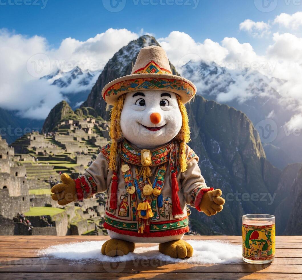 AI generated Snowman in the front of Machu Picchu, Peru. photo