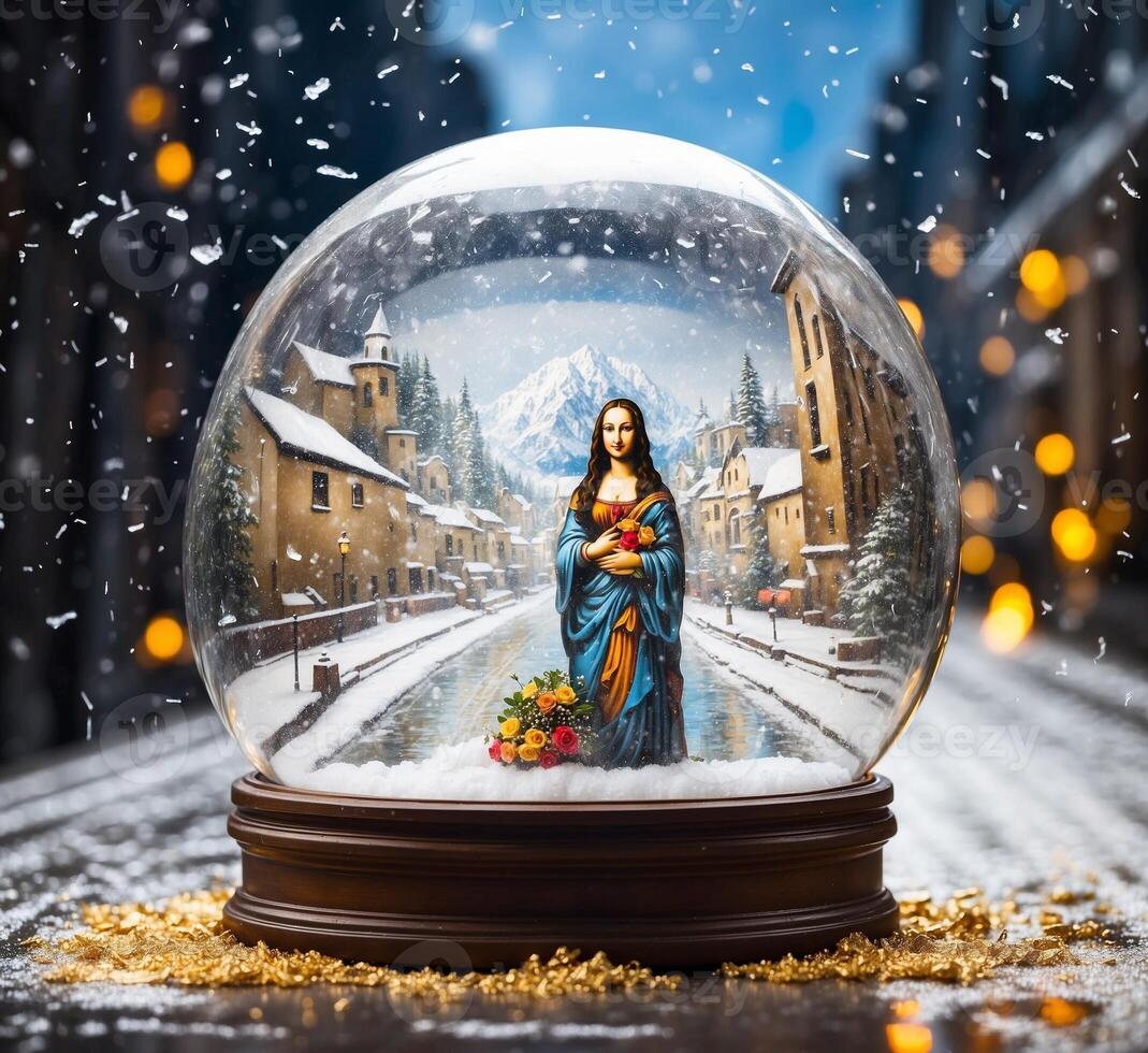 AI generated Snow globe with the image of Mary in the snow. Christmas background photo