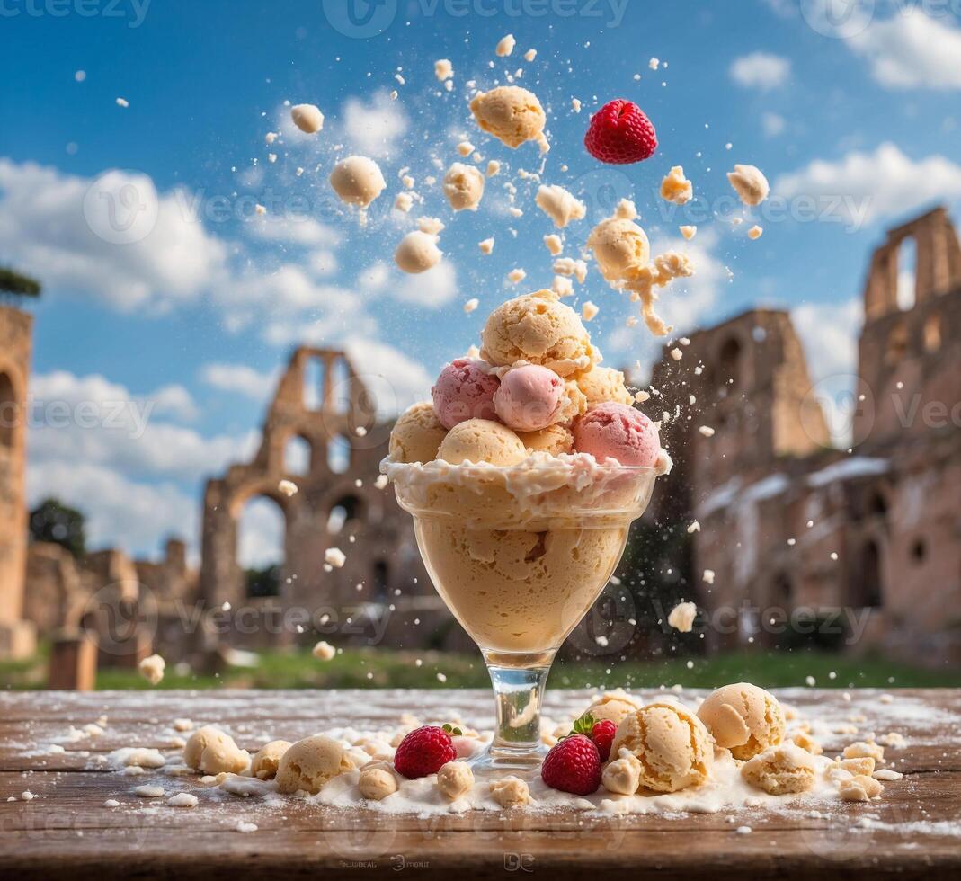 ai generado que cae hielo crema pelotas en frente de coliseo en Roma, Italia foto