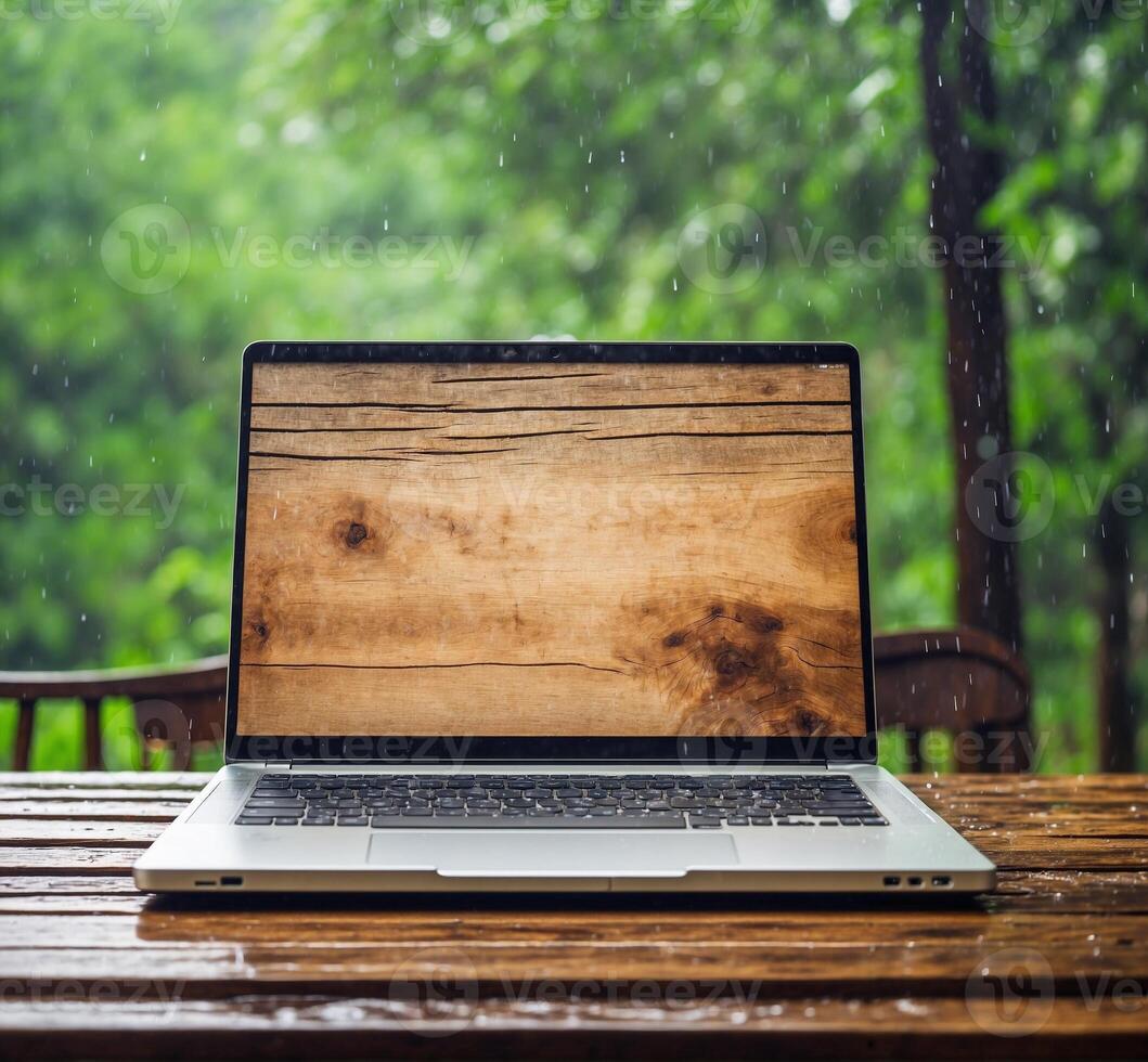 AI generated Laptop on wooden table with rain drop on green nature background. photo