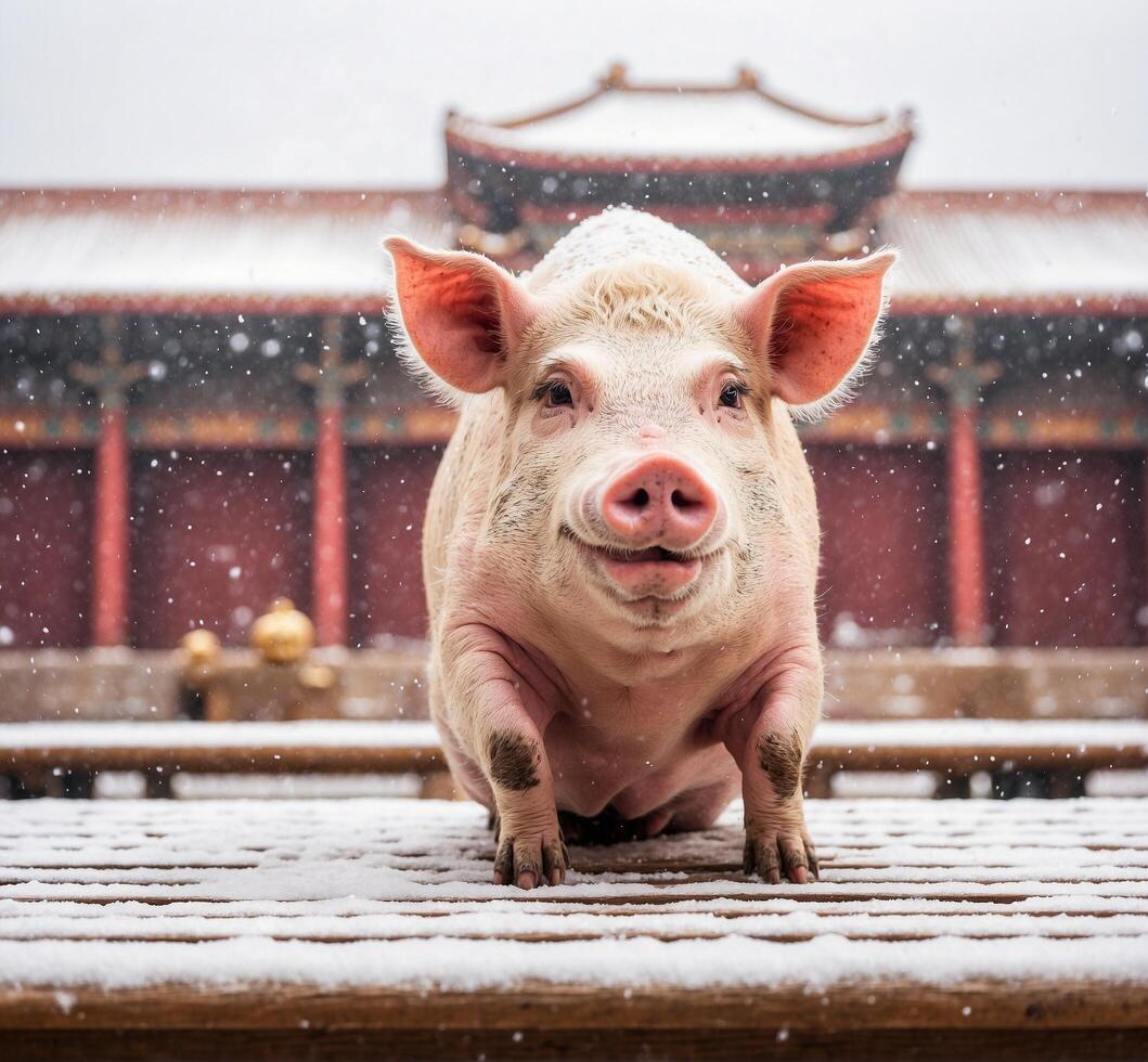 AI generated Pig in the snow with a Chinese temple in the background. photo