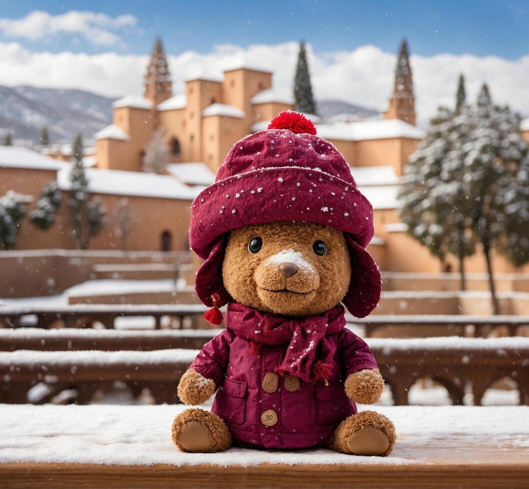 AI generated Teddy bear in the snow in the old town of Granada photo