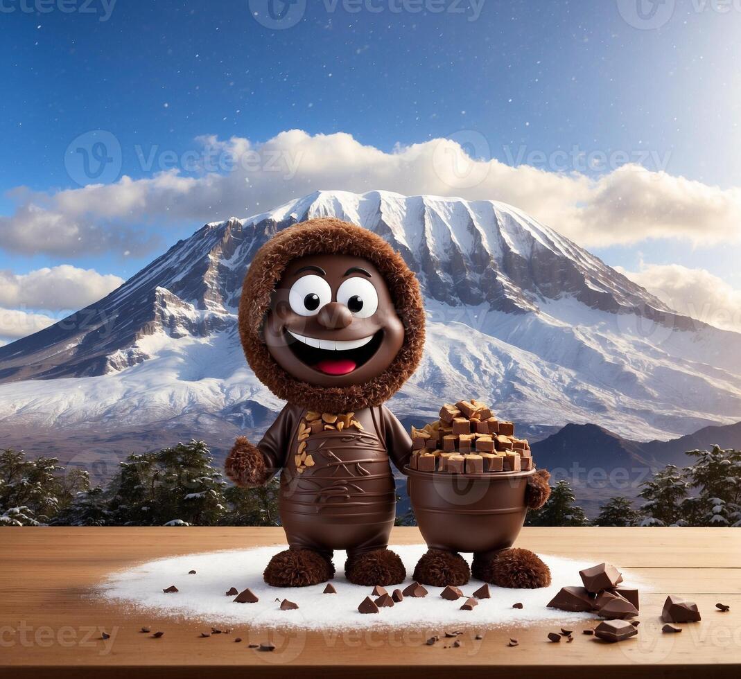 AI generated Cute chocolate mascot and candies on a wooden table and snow mountain background photo