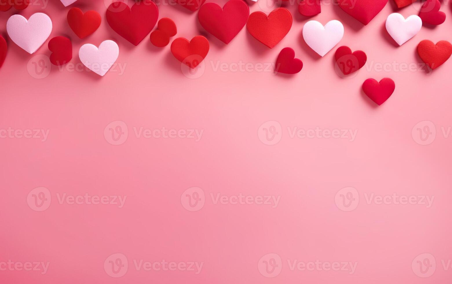 AI generated Pink background banner with scattered little red and pink hearts. Copy space, flat lay, top view. Valentines day, engagement or wedding party poster. AI Generative photo