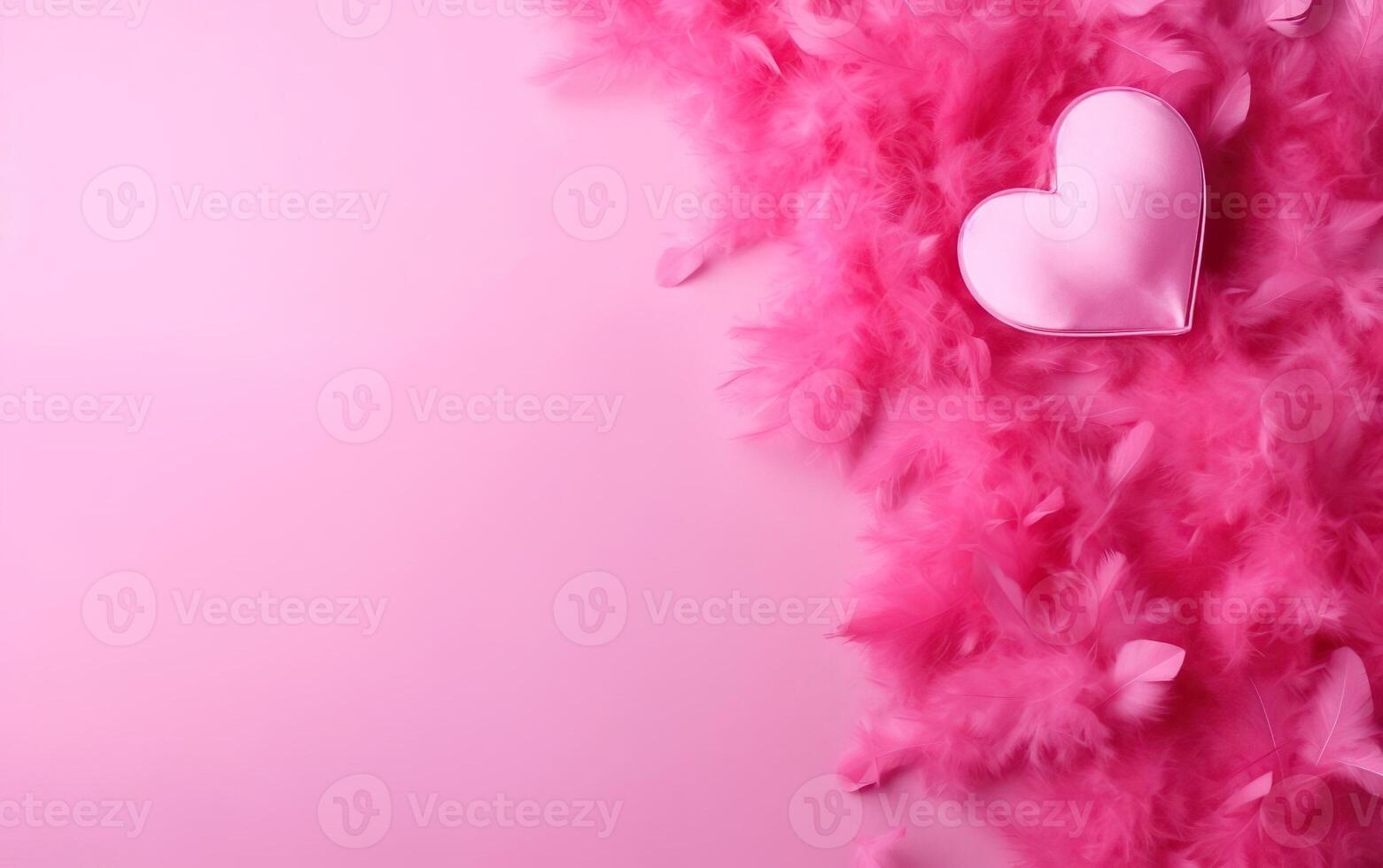 ai generado muñeca estilo rosado san valentin día antecedentes con plumas y sedoso corazón, parte superior vista, terminado el hombro, Copiar espacio a el izquierda. ai generativo foto