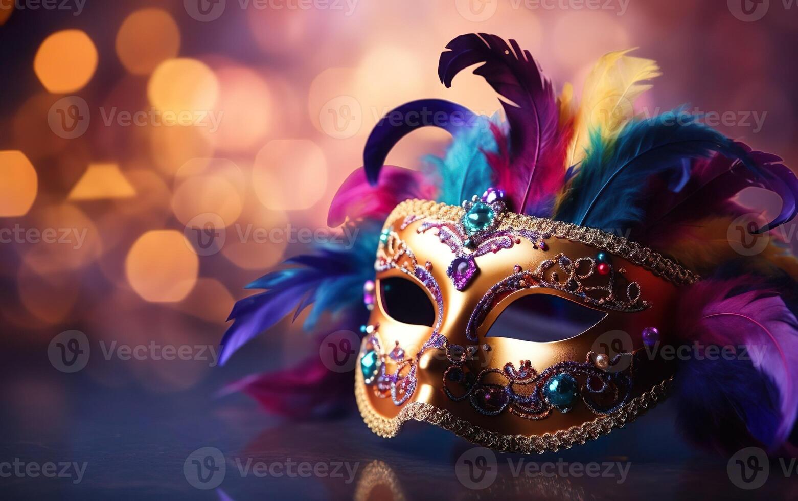 AI generated Happy Mardi Gras poster. Banner template, photorealistic Venetian carnival mask, bright feathers, blurred background. Costume party flyer for masquerades. Bokeh, de focus. AI Generative photo