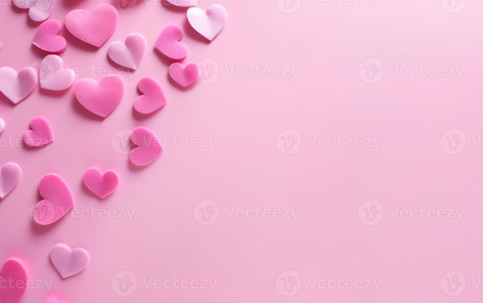 AI generated Doll style pink valentines day background with hearts made of felt, top view, over the shoulder, copy space at the right. AI Generative photo