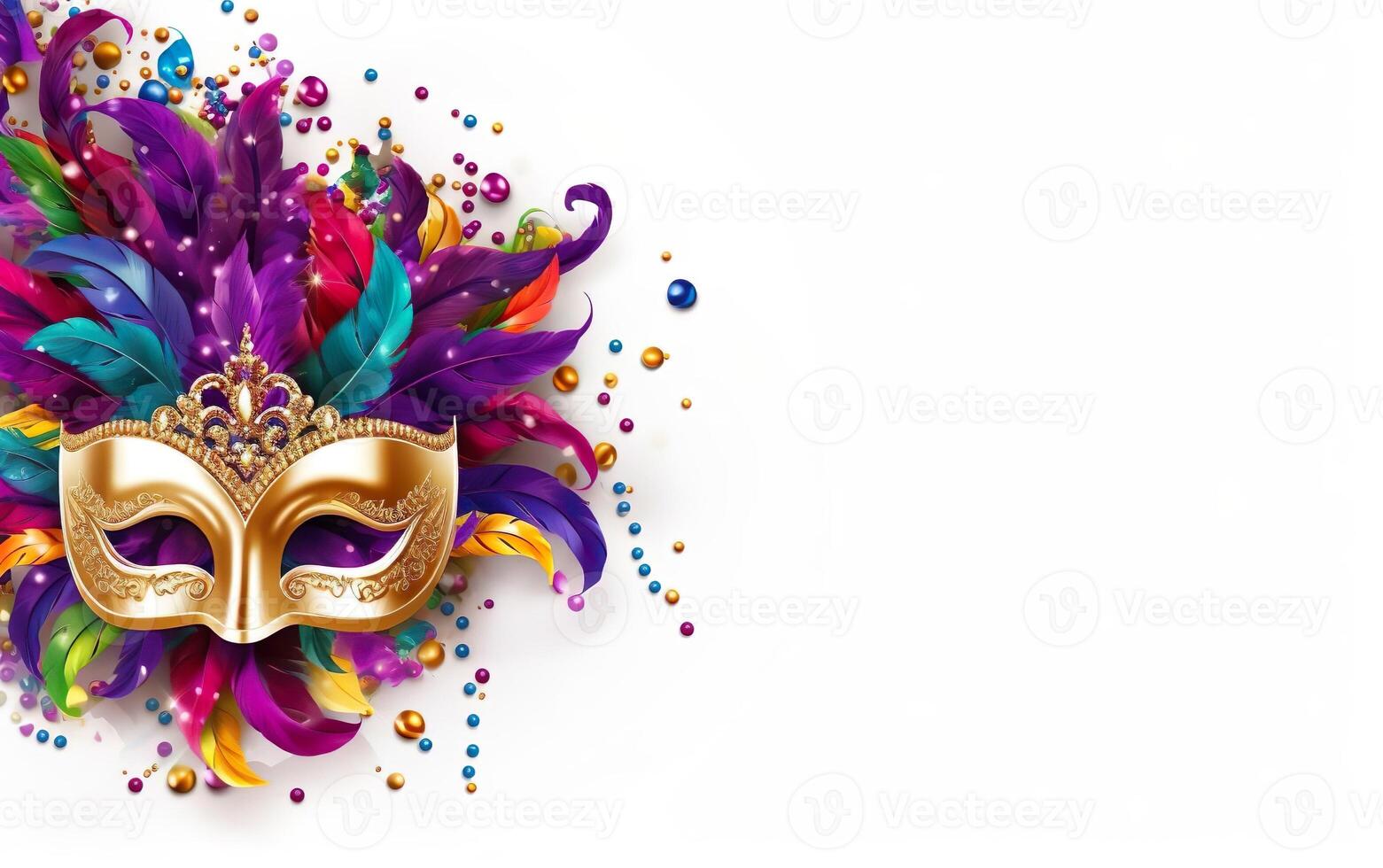 AI generated Happy Mardi Gras poster. Costume party banner template, Venetian masquerade mask close up isolated on white background, copy space at the right. Face covering for carnivals. AI Generative photo