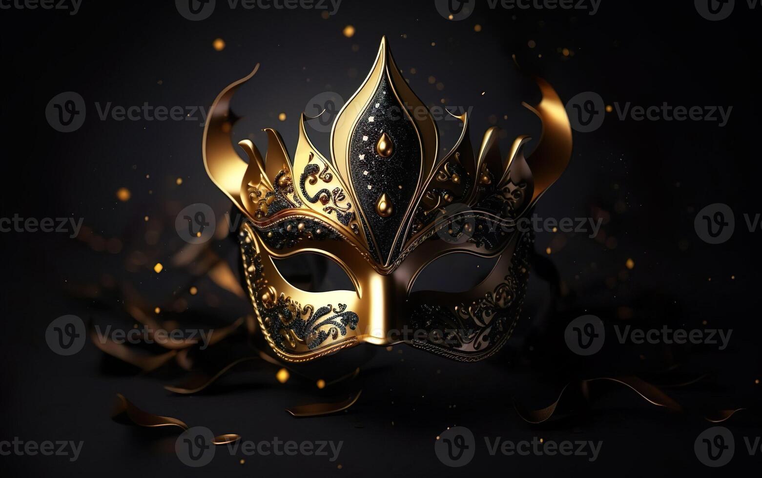 AI generated Happy Mardi Gras poster. Banner template, photorealistic golden Venetian carnival mask in the center on black background, copy space. Costume party flyer for masquerades. AI Generative photo