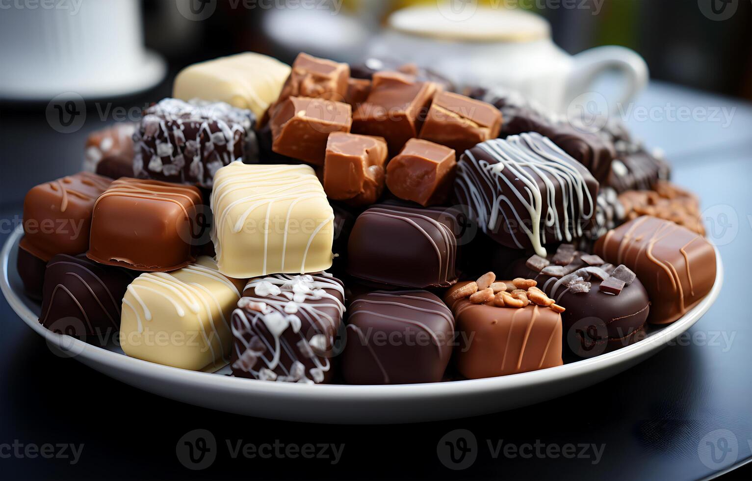 ai generado ver de hermosa delicioso chocolate caramelo comida en diferente estilos en un plato foto
