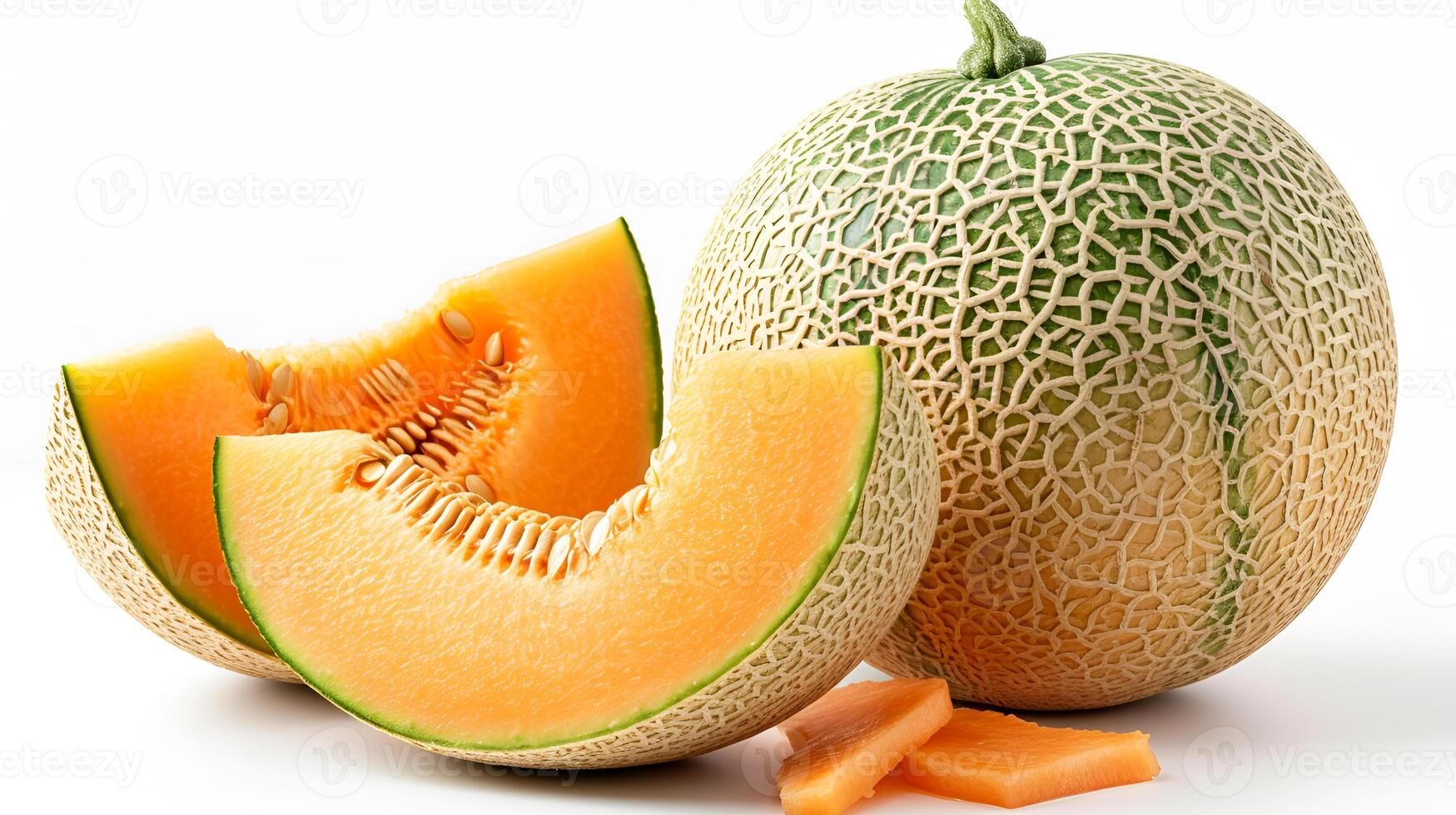 AI generated View of Delicious fresh Fruit Muskmelon on a white background photo