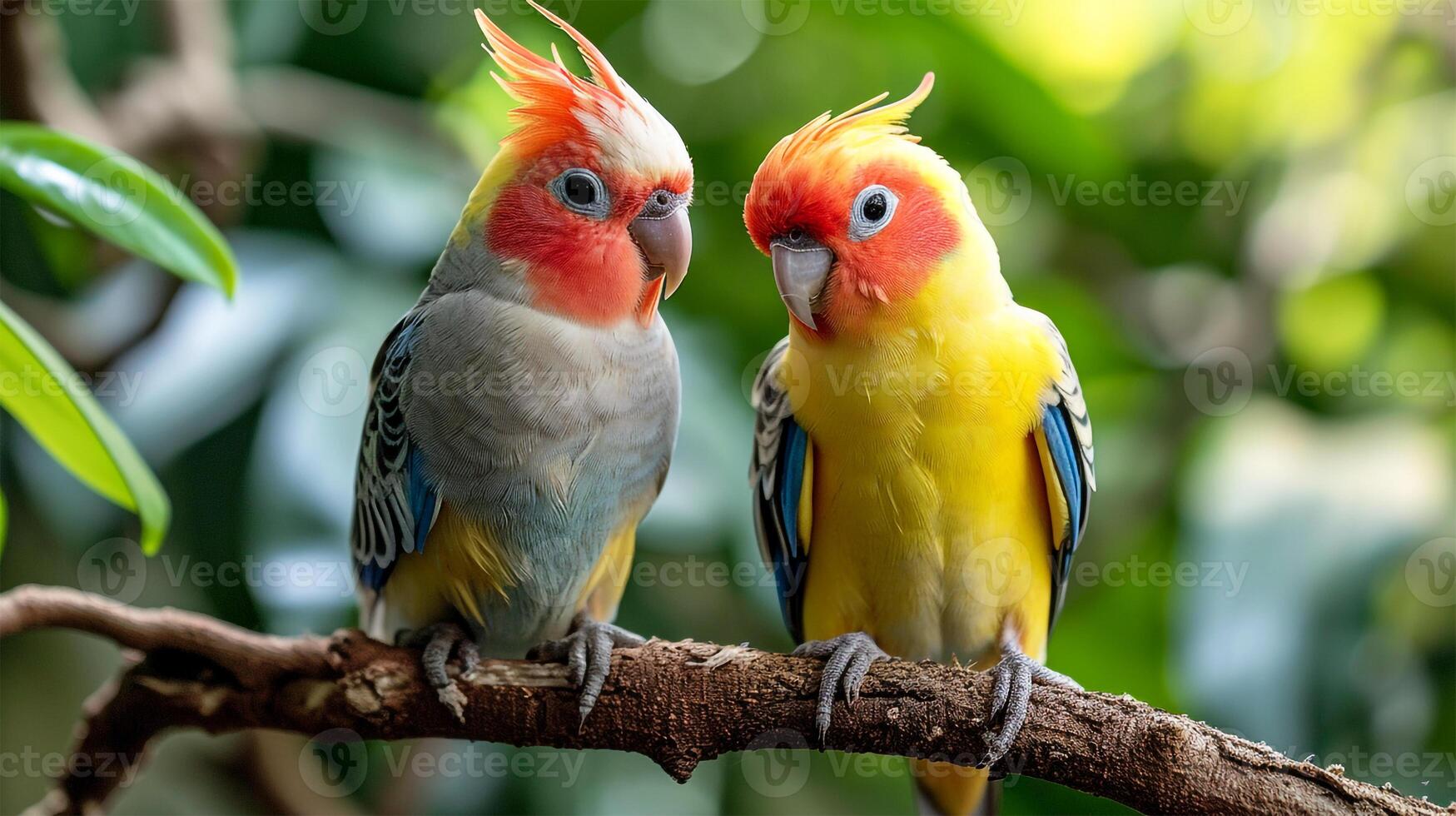 AI generated View of two Beautiful colorful birds cockatiel full body photo