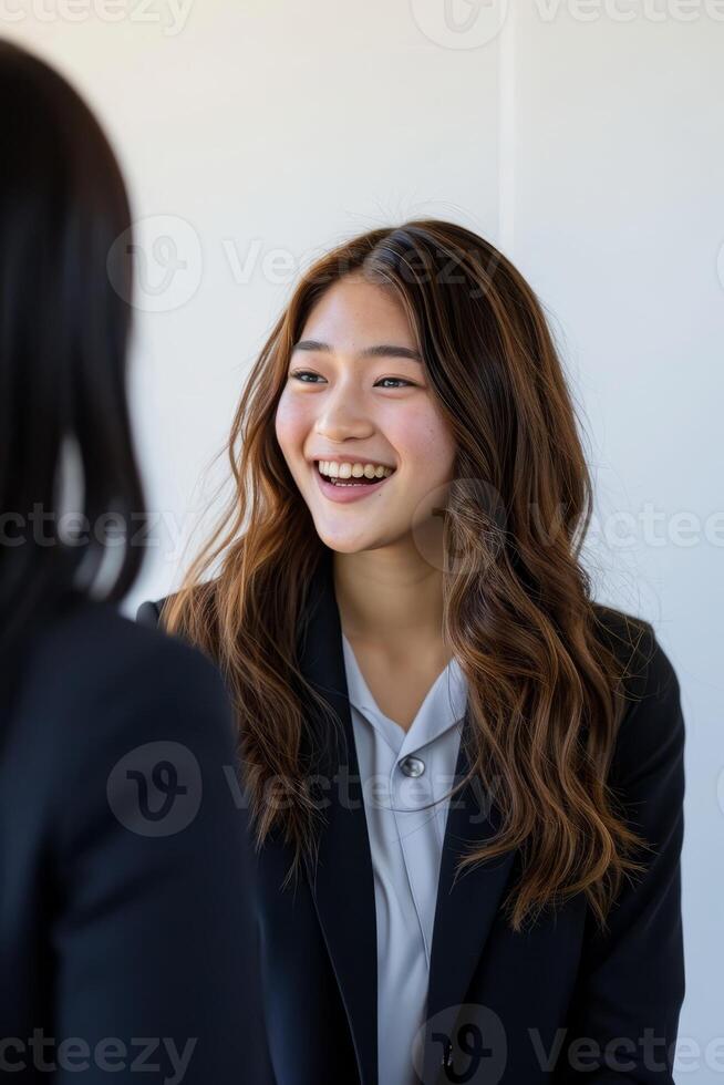 AI generated Young Japanese smiling woman in jacket. Business friendly negotiations photo