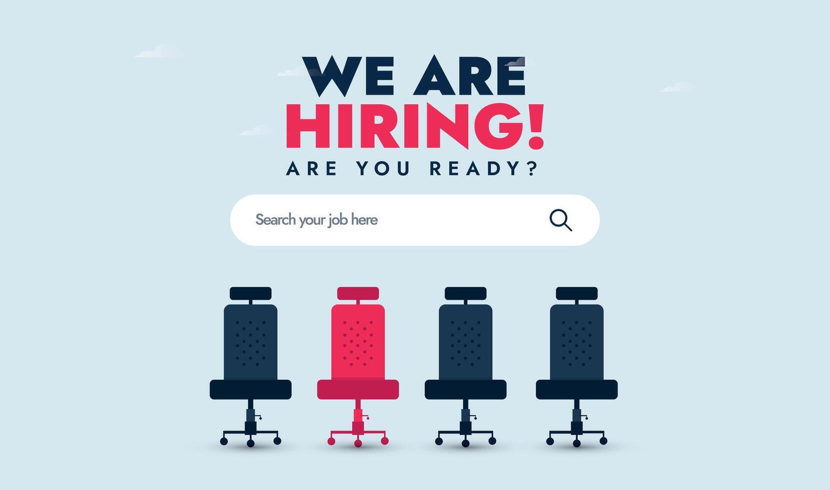 We are hiring. We're hiring cover banner with empty office chairs ready to be equipped having a vacant sign. Job recruitment cover banner in sky blue colour. Recruitment process concept vector