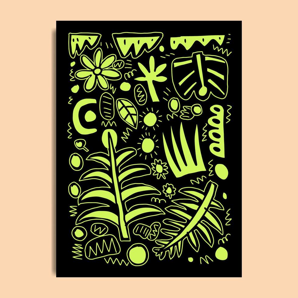 botanical art, doodle hand drwn, black and green vector