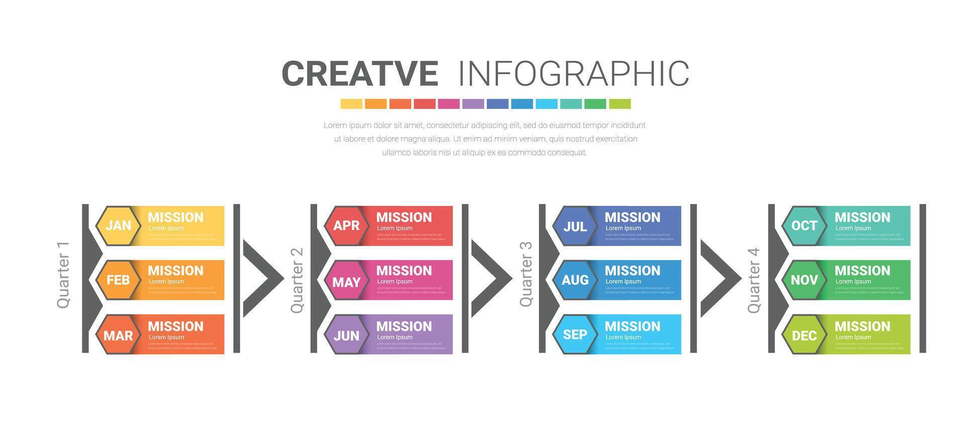 Timeline for 1 year, calendar, 12 months, Presentation business 4 quarter, Infographic Timeline can be used for workflow, process diagram, flow chart. vector