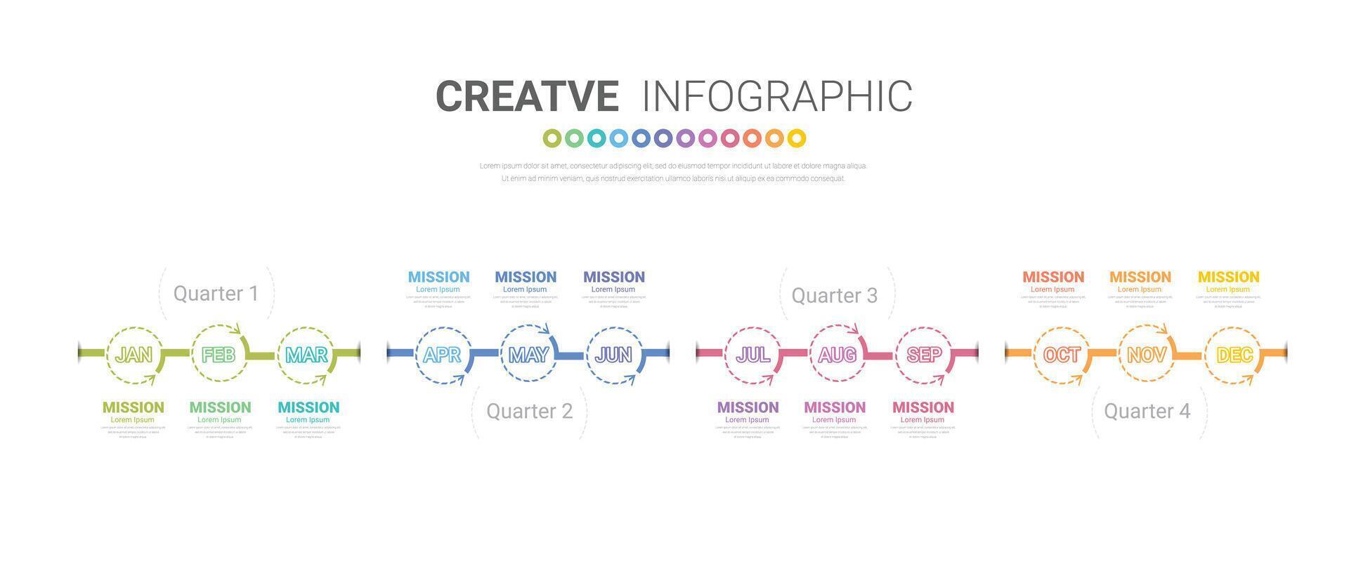 Timeline for 1 year, calendar, 12 months, Presentation business 4 quarter, Infographic Timeline can be used for workflow, process diagram, flow chart. vector